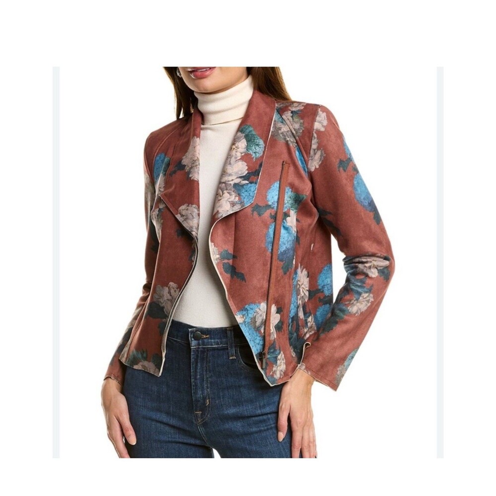 Elie Tahari Women’s Floral Faux Leather Jacket Rust Multicolor Size M